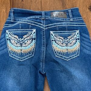 Sky Women's Denim Flare Jeans stretch bedazzled blue pants